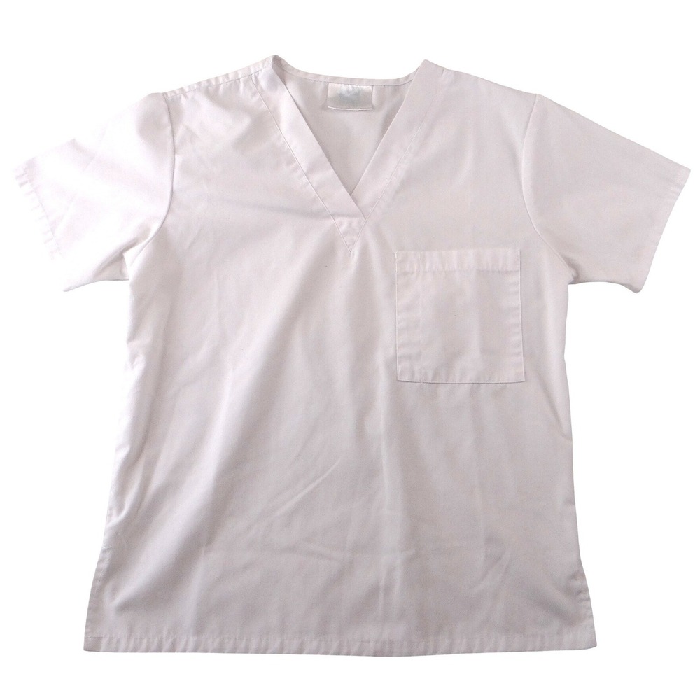 White V-Neck Medical Scrub Top Short Sleeve Chest Pocket Workwear Womens